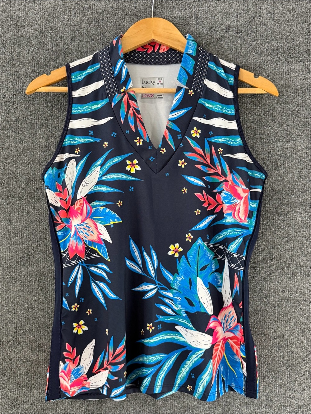 Lucky In Love Womens Floral Sleeveless Golf Polo Size Medium Tropical Activewear